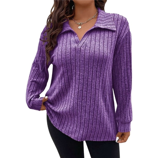 Suéter de Punto Informal de Talla Grande para Mujer, Cuello en V, Solapa, Color Liso, Camisa de Larga. Púrpura XXL