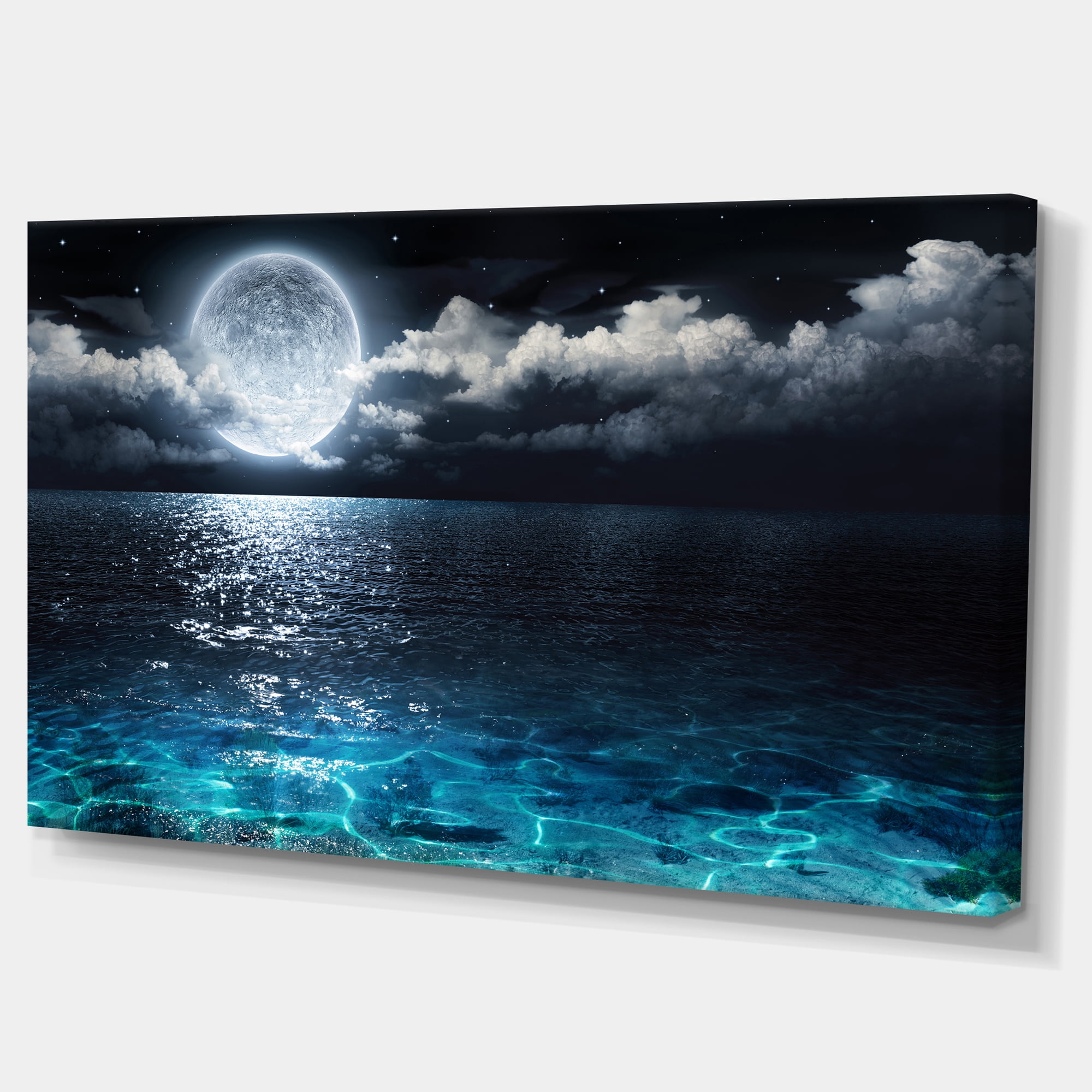 Designart 'Romantic Full Moon Over Sea ' Seascape Canvas Art Print