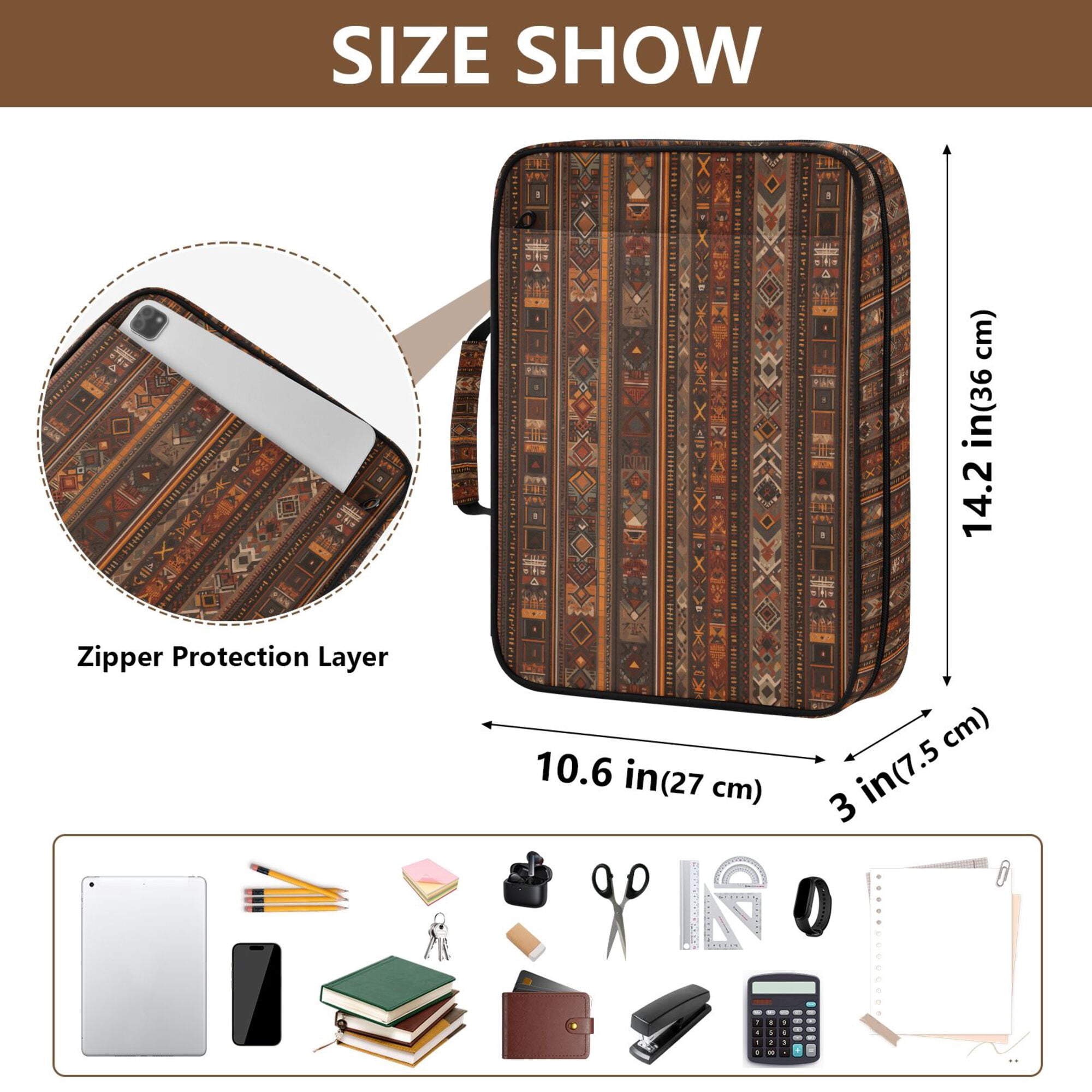 FORMRS Accordion File Folder A4 Size 7-Pocket Expanding Document Organizer Bag with 3 Ring Binder, Brown Tribal Pattern