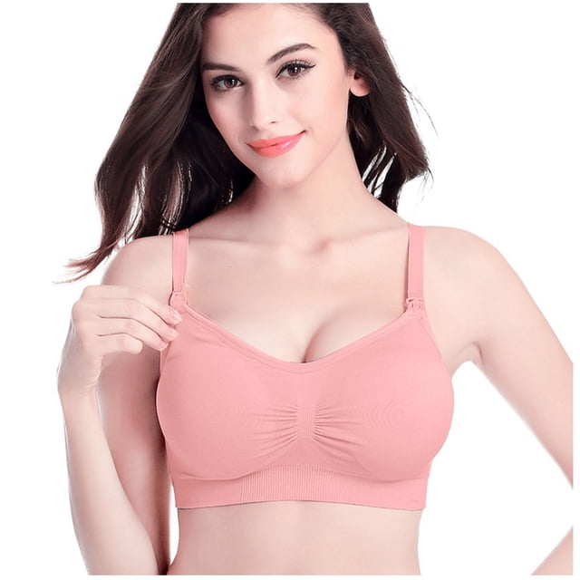 Pregnant Women's Plain Color Bra Maternity Nursing Bras Vest Tops in a soft pink shade. Designed for maternity and nursing, it features a crossover design for easy baby feeding, thin padding, and adjustable straps for comfort. Available in sizes S to XXL with under bust measurements from 58-112cm, ideal for maternity intimates.