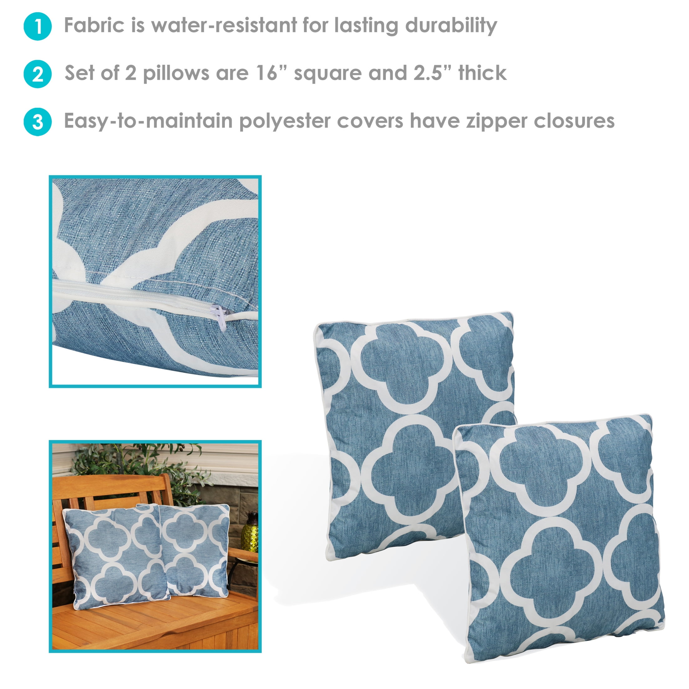 Sunnydaze 16" x 16" Blue and White Quatrefoil Polyester Square Outdoor Throw Pillows, 2 Count