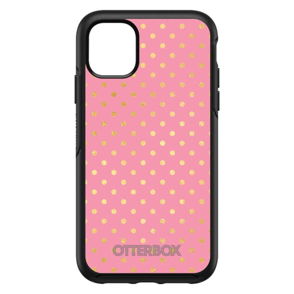 DistinctInk OtterBox Symmetry Custom Case for Apple iPhone 15 (6.1" Screen) - Pink & Gold Polka Dot Pattern - Lightweight Grip