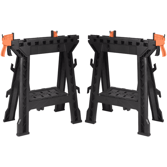 EHHLY Folding Saw Horses 2 Pack, Heavy Duty Clamping Sawhorse with Removable 18 Inch Bar Clamps for Woodworking, 2 Bench Dogs, 1000 LBS Load Capacity Total, Built-In Tool Tray and Cord Hooks