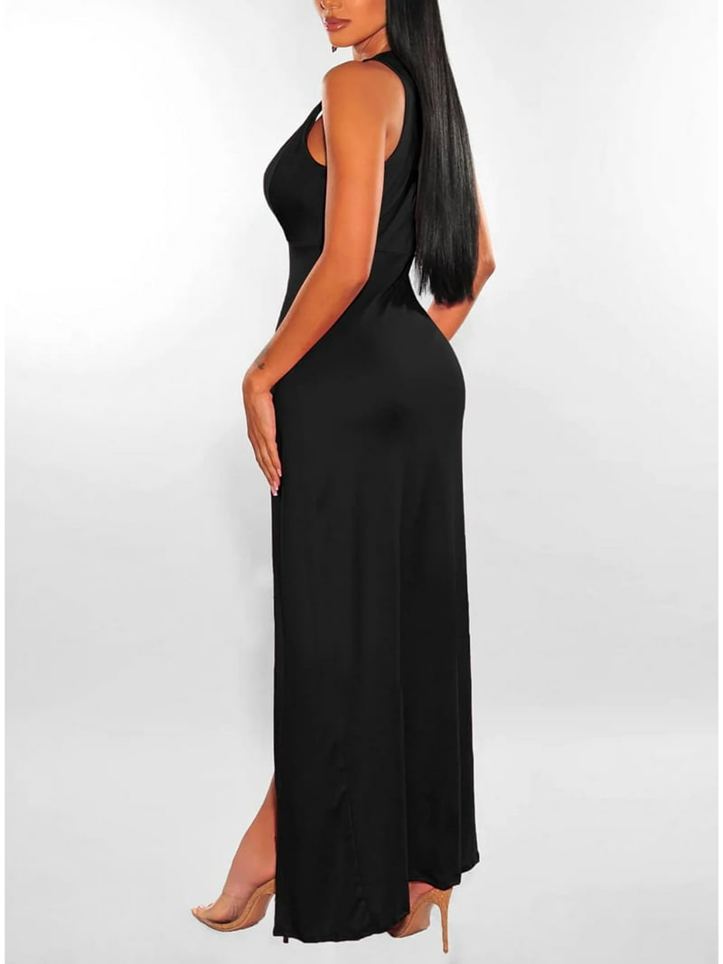 オールインワン・サロペット Semi Couture Mesh Fabric Maxi Dress With Side Slit HLSOHJP Women's Double Slit Maxi Tank Dress Sleeveless Deep