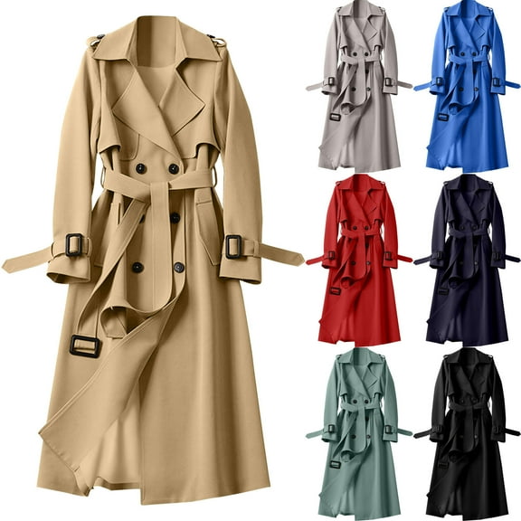 FRSASU Women's Long sleeved Double Breasted Long Trench Coat Windproof Classic Lapel Slim Overcoat with Belt Red