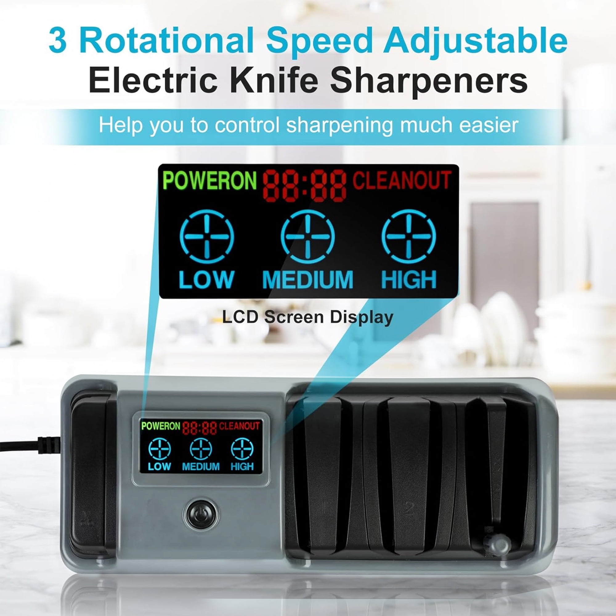 5 in 1 Electric Knife Sharpener with LCD Screen, 3 Rotational Speed Adjustable, 100% Diamond Abrasives, Electric Knife Sharpener for Straight, Serrated, Meat Cleaver, Ceramic Knives & Scissors, Gray