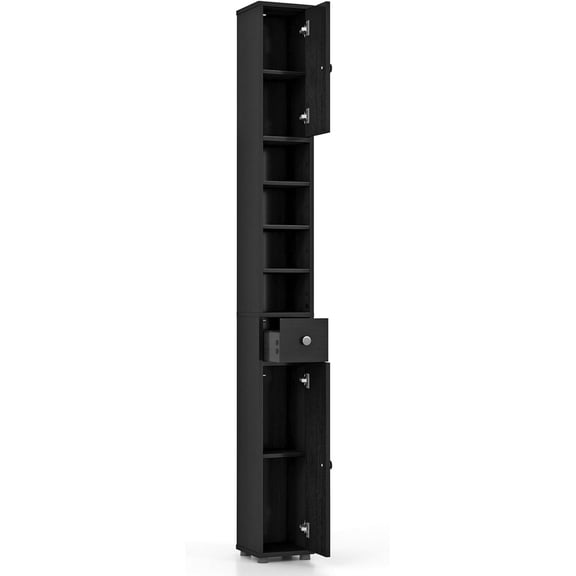 71” Tall Bathroom Storage Cabinet, Narrow Freestanding Organizer with 1 Drawer, 2 Doors & 5 Open Shelves, Slim Bathroom Cabinet for Small Space, 8" x 8" x 71", Black