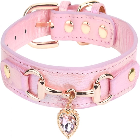 AOMRCOL Dog Collar with Bling Diamonds&Heart Charm – 5 Holes Adjustable Pu Leather Rhinestones Collar,Gold Buckle for Small Medium Dogs Girl (Pink,S)