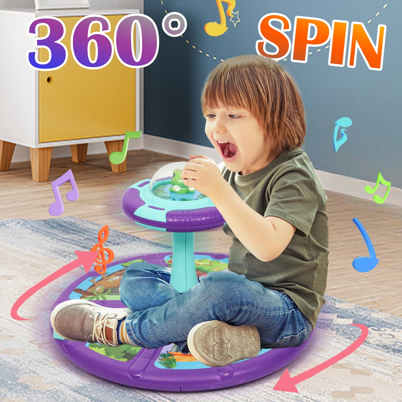 Wdmiya Dinosaur Sit and Spin Toys for Toddlers 1-4, 360° Spinning Seat Activity Toy with Light and Music, Christmas Birthday Gifts for Boys and Girls, Kids Twister Toy