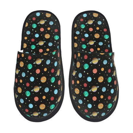 Balery Solar System Planets Space Slient Indoor Furry Fleece Comfort House Shoes Soft Non-Slip Home Shoes Cotton slippers House Slippers-- Large