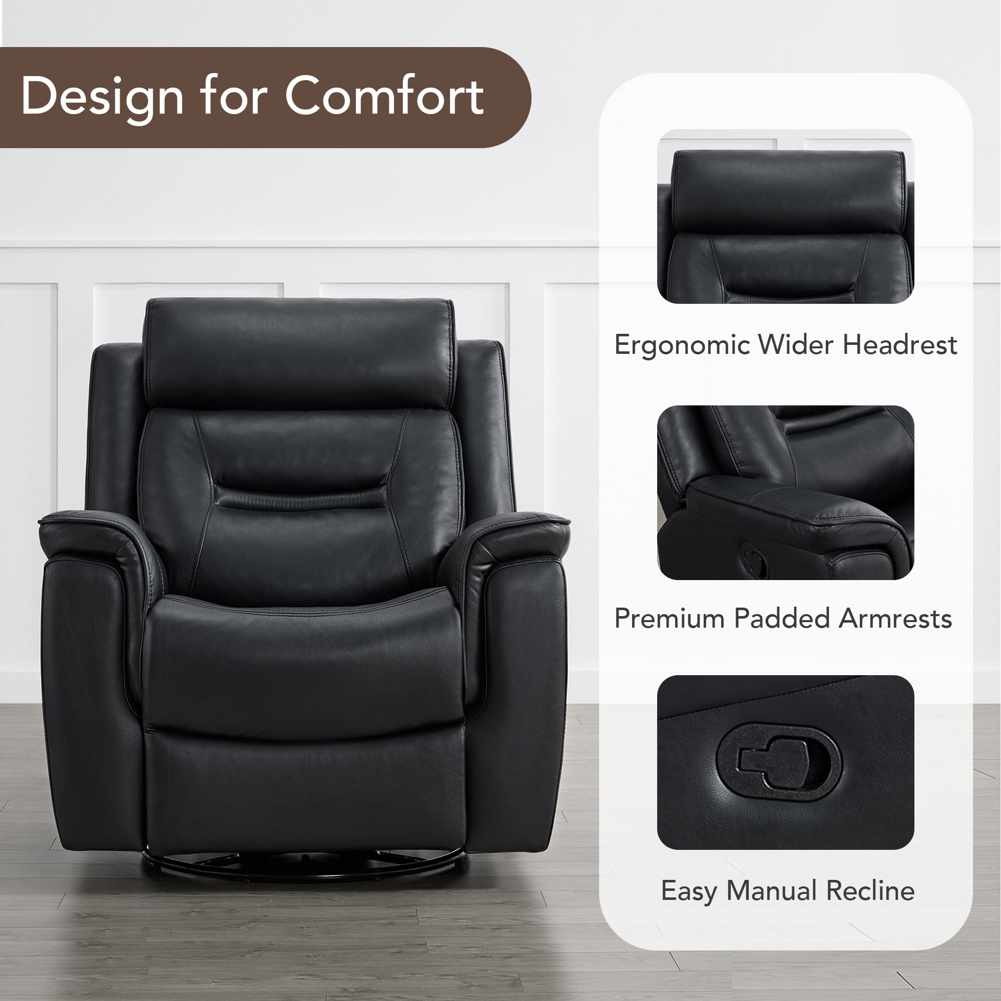 Spruce & Spring360° Swivel Manual Recliner with Glider Motion for Living Room, Black