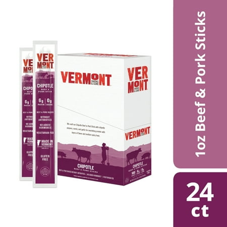 Vermont Smoke & Cure Meat Sticks, Beef & Pork, Antibiotic Free, Gluten Free, Chipotle, 1oz Stick, 24