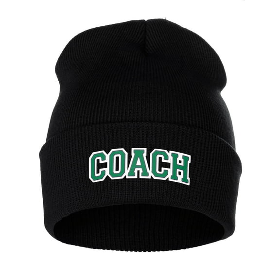I&W Sports Team Coach Arch Letters Winter Knit Cuffed Beanie Hat, Black Beanie White Green