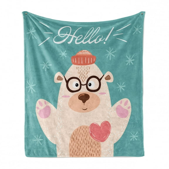 Cartoon Soft Flannel Fleece Blanket, Hello Lettering Hipster Bear in Glasses Took Big Heart Childish Doodle, Cozy Plush for Indoor and Outdoor Use, 60" x 80", Cadet Blue Multicolor, by Ambesonne