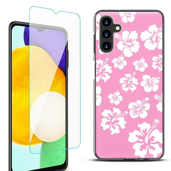 Slim-Fit Protective Fashion Phone Case (Black) for Samsung Galaxy A13 5G, with Tempered Glass Screen Protector, by OneToughShield ® - Hibiscus Pink