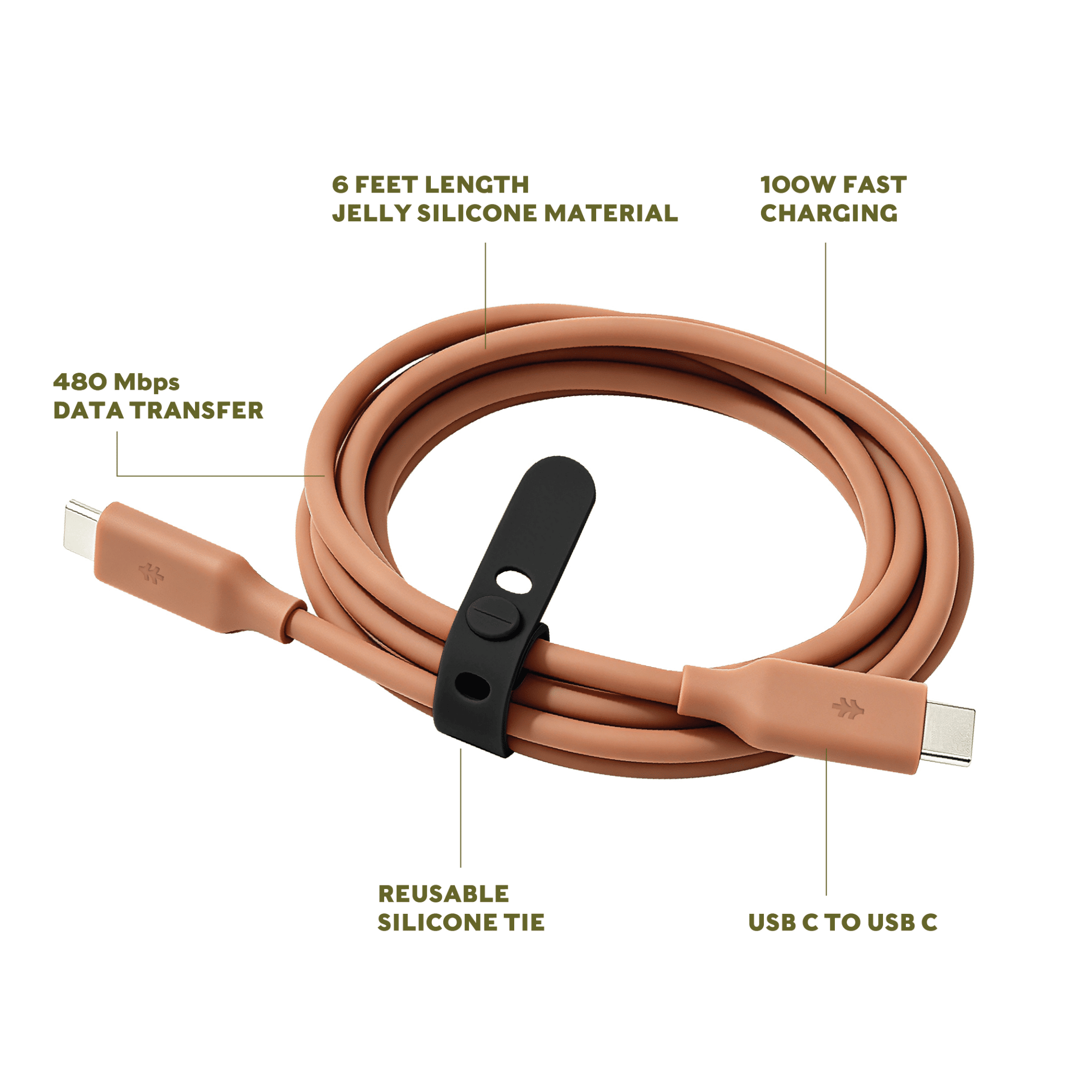Swiss Tech Kabel S100 6 ft 100W Soft Touch USB-C to USB-C Charging Cable, Terra Orange