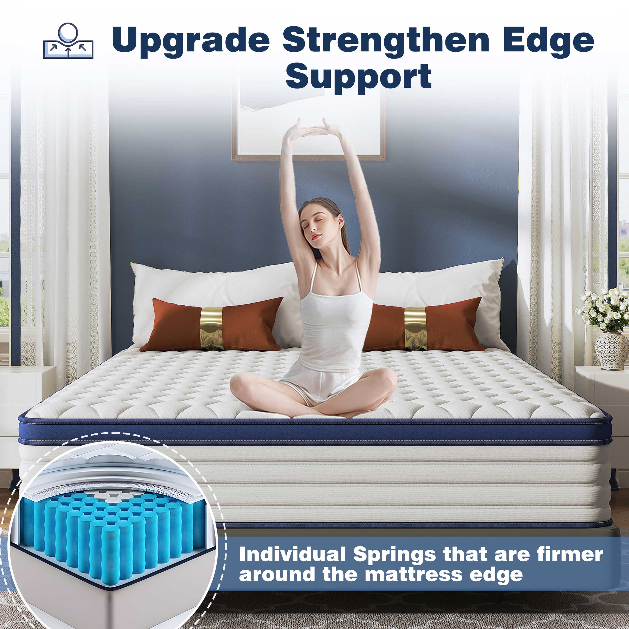 Twin Mattress 12", HSUNNS Hybrid Mattress with Gel Memory Foam and Independent Pocket Springs, Mattress in a Box, Medium Firm, Pressure Relief & Support, White