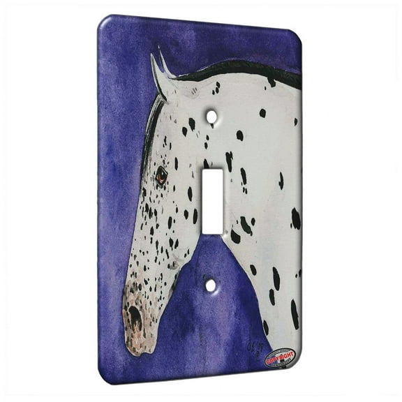 KuzmarK™ Single Gang Toggle Switch Wall Plate - Black Leopard Appaloosa on Purple Horse Art by Denise Every
