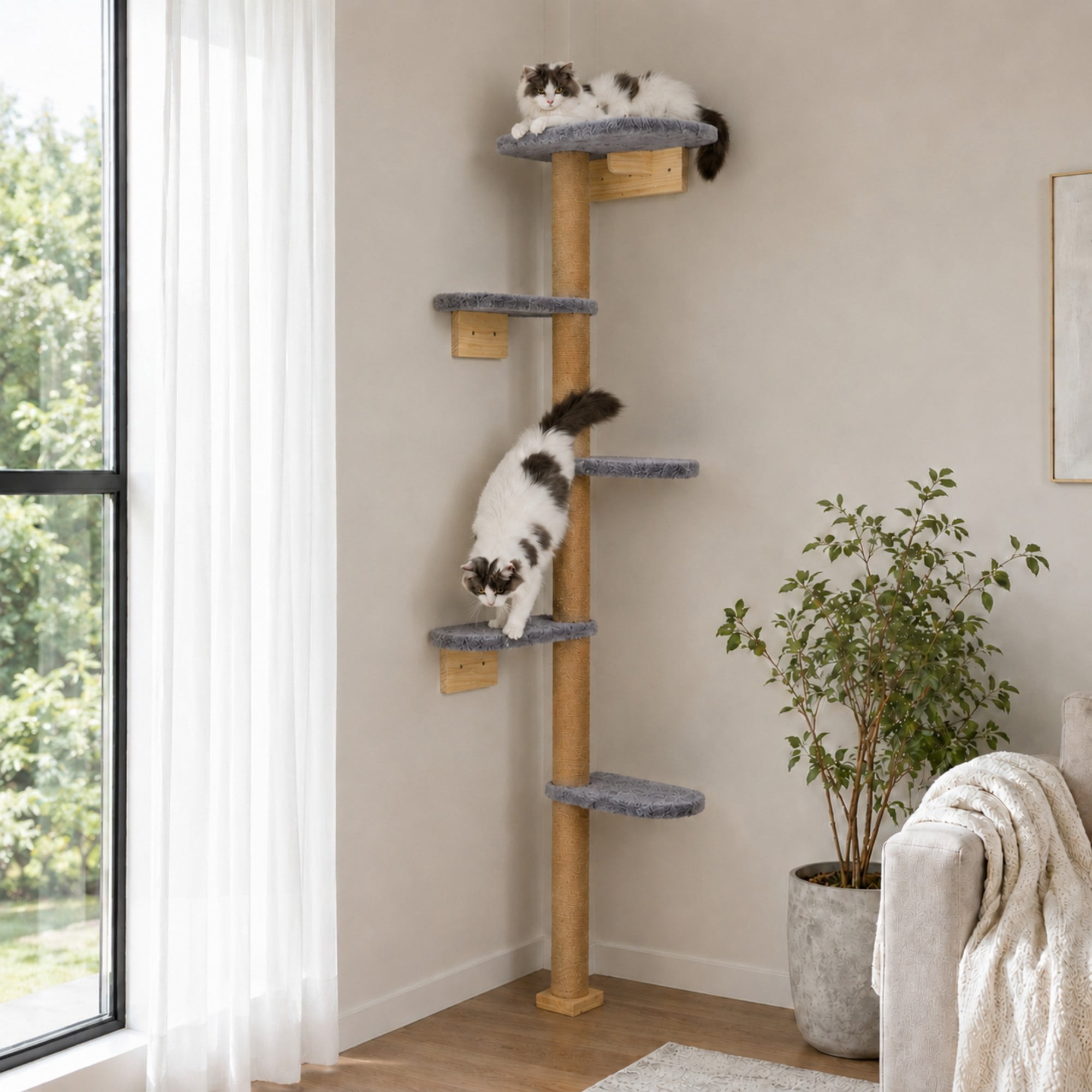 Peluomoz Gray Adjustable Floor to Ceiling Cat Tree with Plush Pads, 83 in