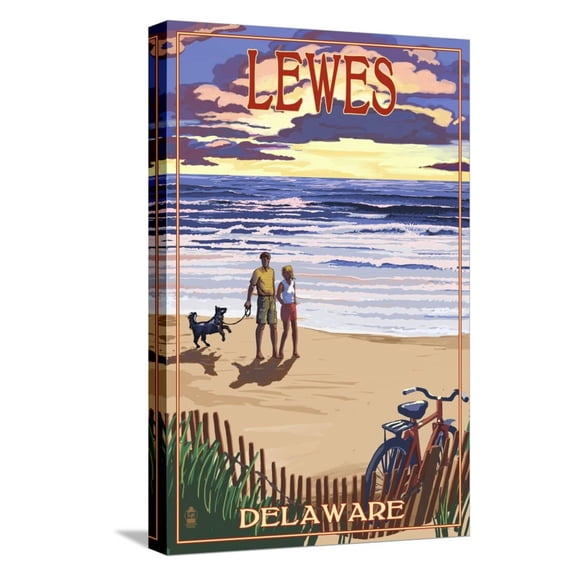 Art.com Lewes, Delaware - Beach and Sunset Stretched Canvas Print Wall Art by Lantern Press, 12" x 18"