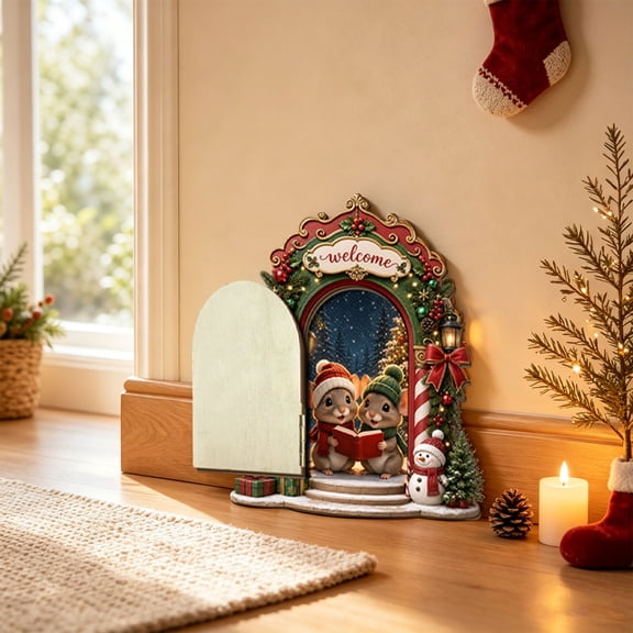 Christmas Wooden Elf Door Decoration with Lighted Welcome Sign and Snowman, 6 X 5 Inches, Multicolor, for Living Room Shelf Display, Holiday Ornament