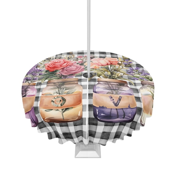 Fsddascl Valentines Outdoor Tablecloth - 54 Inch Round Dining Table Cover, Watercolor Floral Botanical Black White Plaid Waterproof Outdoor Table Cloth with Umbrella Hole & Zipper for Picnic/Patio