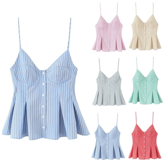 Ashirexll Summer Tops for Women, Tank Tops for Women, Backless Wide Pleated Skirt Slim Short V-Neck Camisole