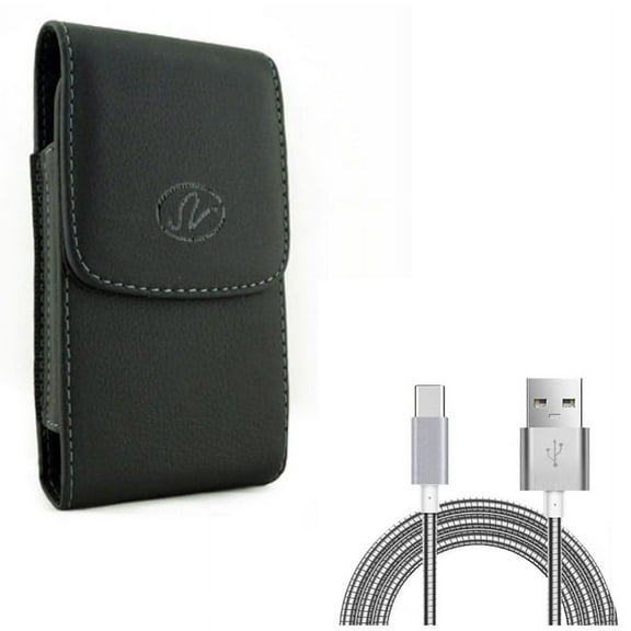 Black Leather Case Cover Pouch w Metal Braided Type-C USB Cable Charger Sync Wire USB-C Data Cord [Silver] Y4Y for ASUS ZenFone 4 Pro - BLU Vivo XI Plus - CAT S48c - Google Pixel XL 3a XL 3 XL