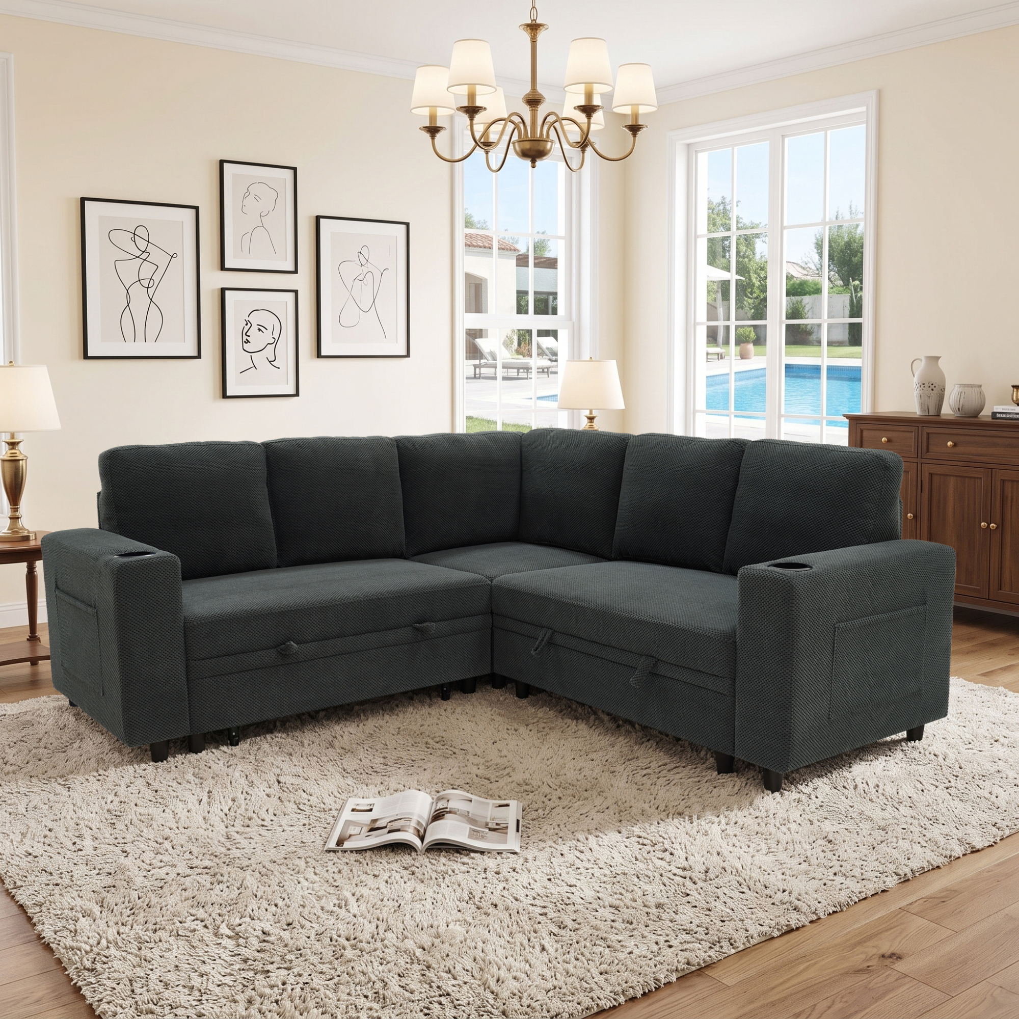 Leumius 76.5" Sectional Sleeper Sofa with Pull Out Bed,Storage Seat & Cup Holders,L-Shape Modern Upholstered Sofa Couch Convertible Corner Couch for Living Room,
