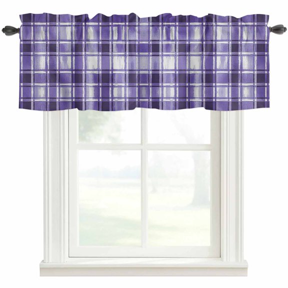 Purple Plaid Rod Pocket Curtain Valance, Modern Art Checkered Farmhouse Farmhouse Window Valance for Living Room, Bedroom, Kitchen 60"W x 18"L