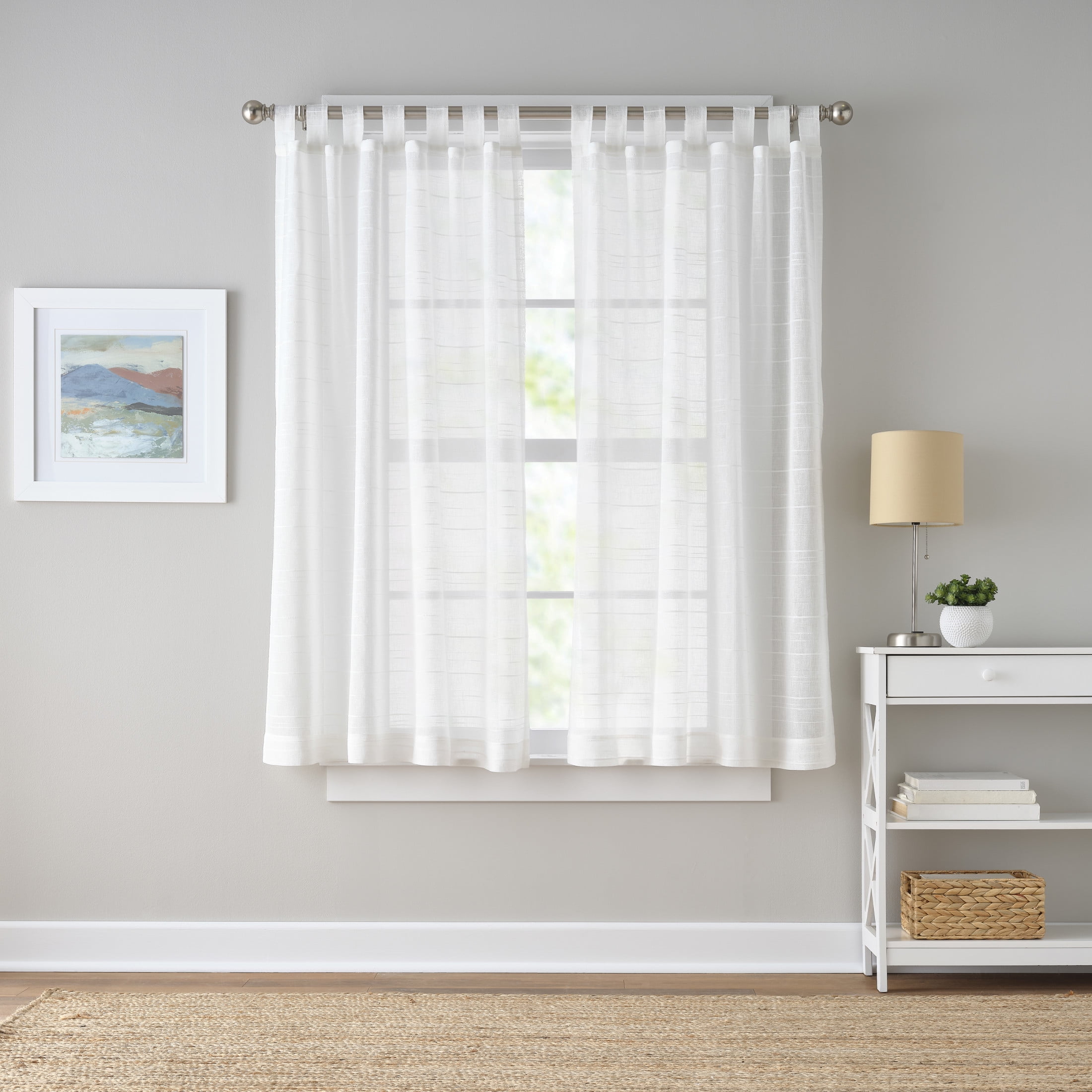 Mainstays Woven Stripe Sheer Tab Top Curtain, Single Panel, White, 50" W x 63" L