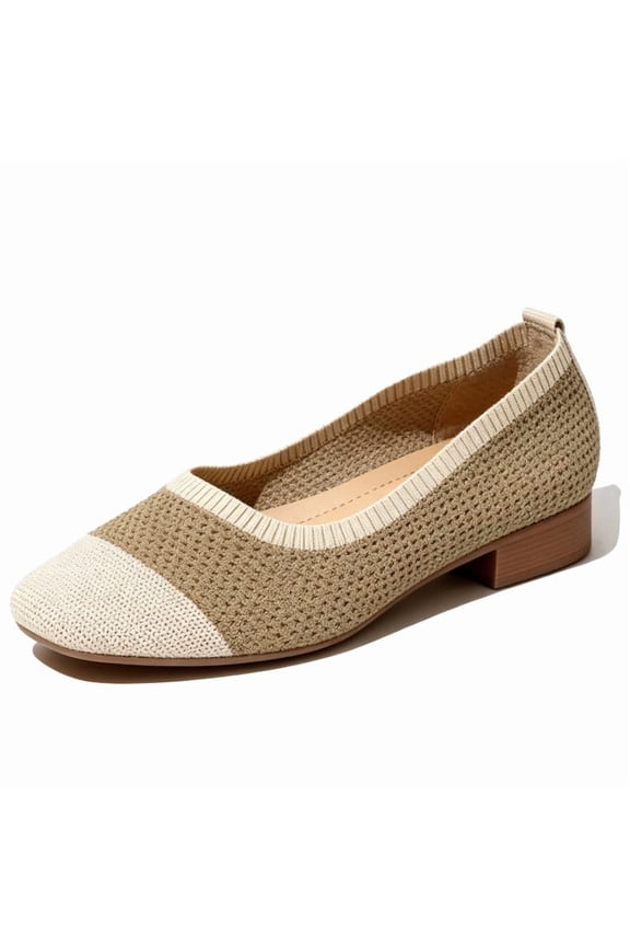 Womens Knit Square Toe Ballet Flats Two Tone Black and Beige Comfortable Slip On Shoes Breathable Stretch Knit Casual Flats for Work Office Travel Daily Wear