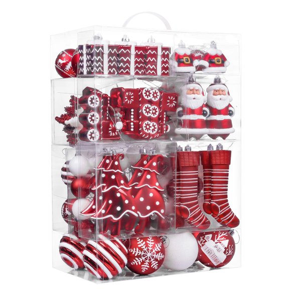 Set de adornos para árbol de Navidad Valery Madelyn, 155 quilates, rojo y blanco