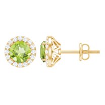 Rosec Jewels Real Peridot Stud Earrings with Diamond Halo for Women - AAA Quality, 18K Yellow Gold