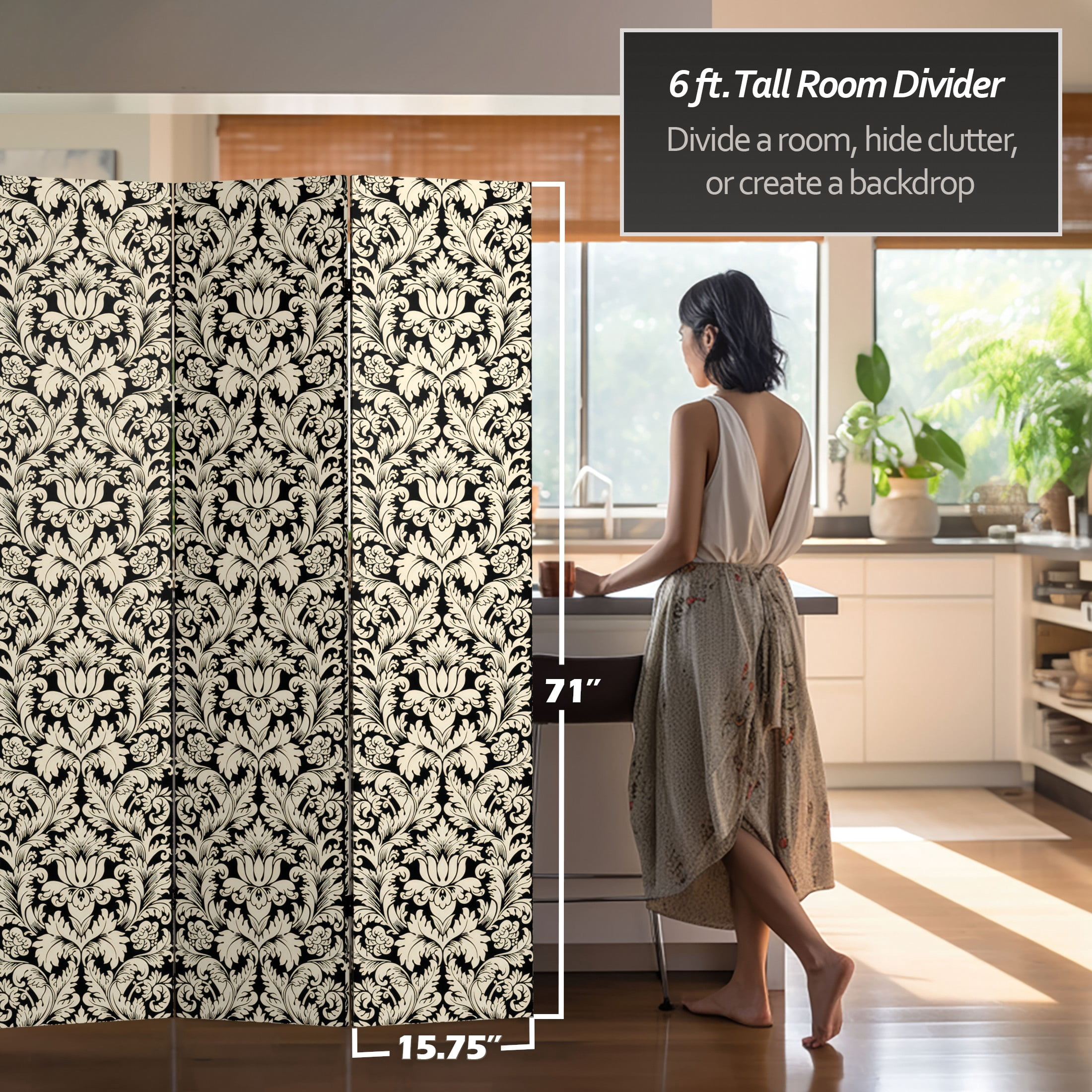 Oriental Furniture 6 ft. Tall Ebony Damask Canvas Room Divider - 3 Panel