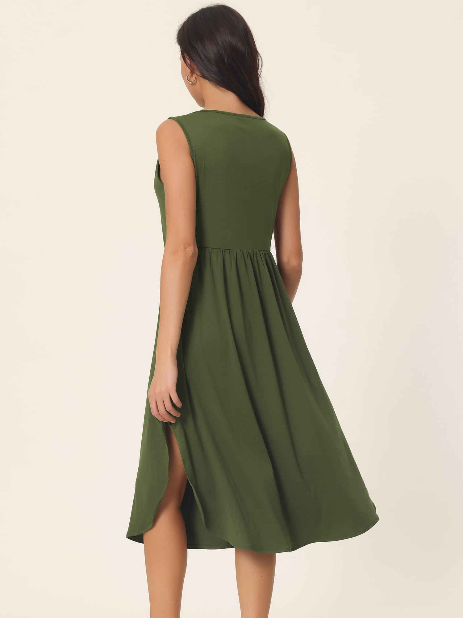 Unique Bargains Women's Sleeveless V Neck Split Hem Midi Dress with Pockets XL Army Green