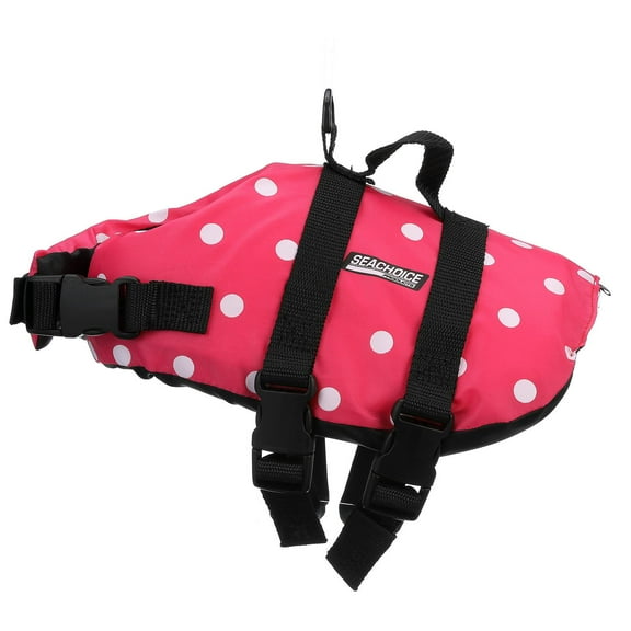 Seachoice Dog Life Vest, Adjustable Life Jacket For Dogs, w/ Grab Handle, Pink Polka Dot, Size XS, 7-15 Lbs.
