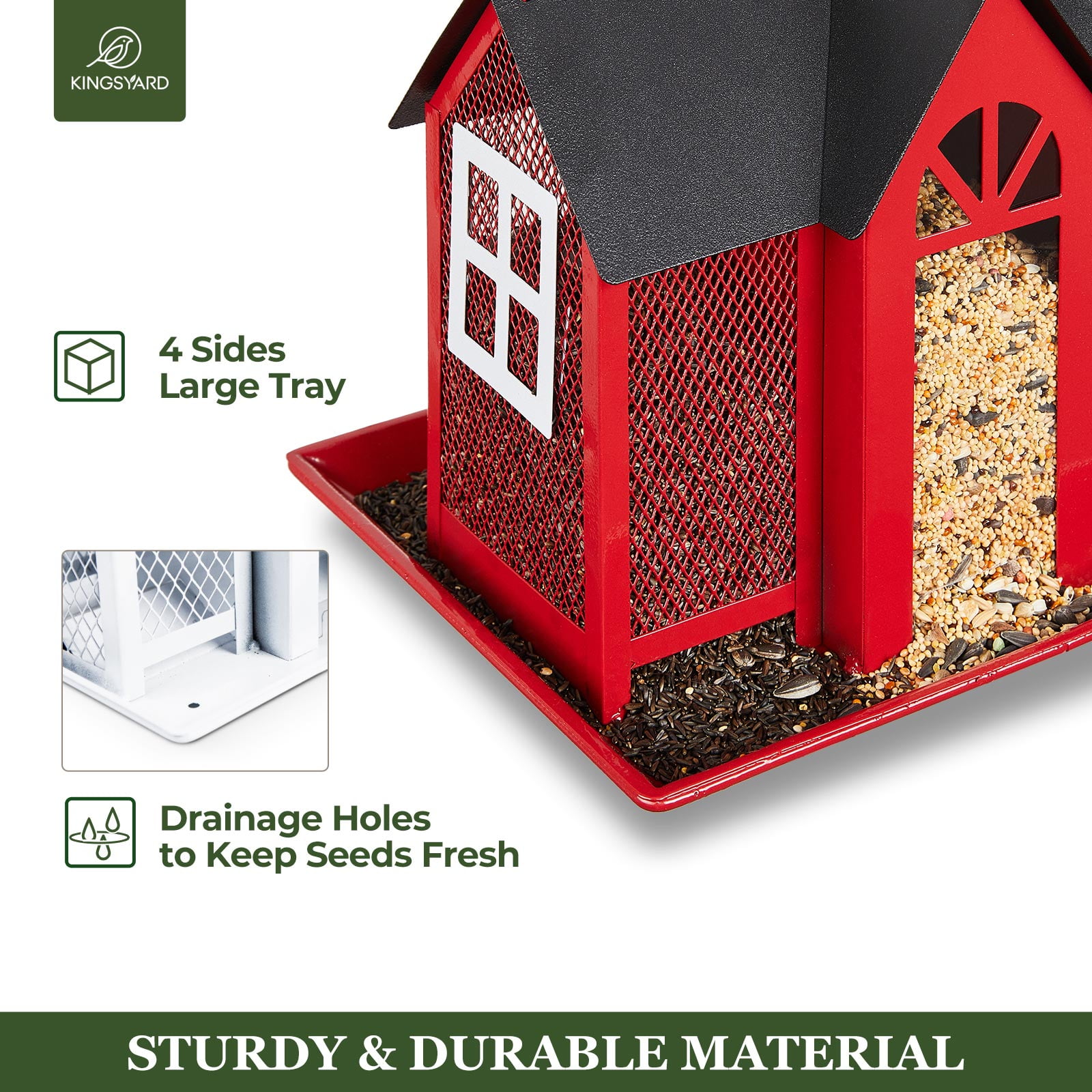 Kingsyard Weatherproof Metal Bird Feeder House, Triple Feeders for Outside Finch Cardinal, Red