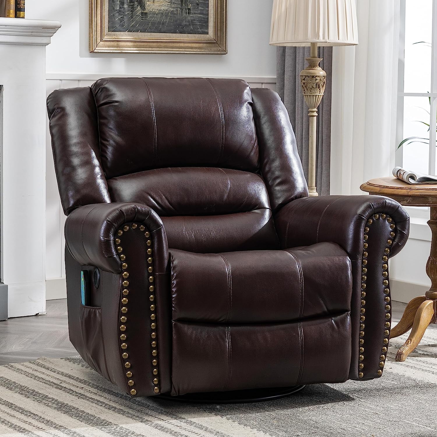 MEETWARM Massage Swivel Rocker Recliner with Heat and Vibration, Manual Glider Rocking Recliner Chair, 360°Swivel Lounge Reclining Chair with Remote Control/USB Ports for Living Room(Dark Brown)