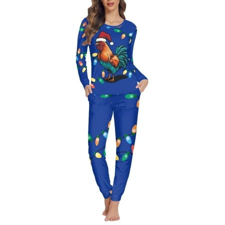 

Pzuqiu Novelty Pajamas for Women Set Long Pants with Pockets Long-Sleeve Sweatsuit Pjs Lingerie Size 2XL Crew Neck Comfort Nightwear with Cock Christmas Lights Design