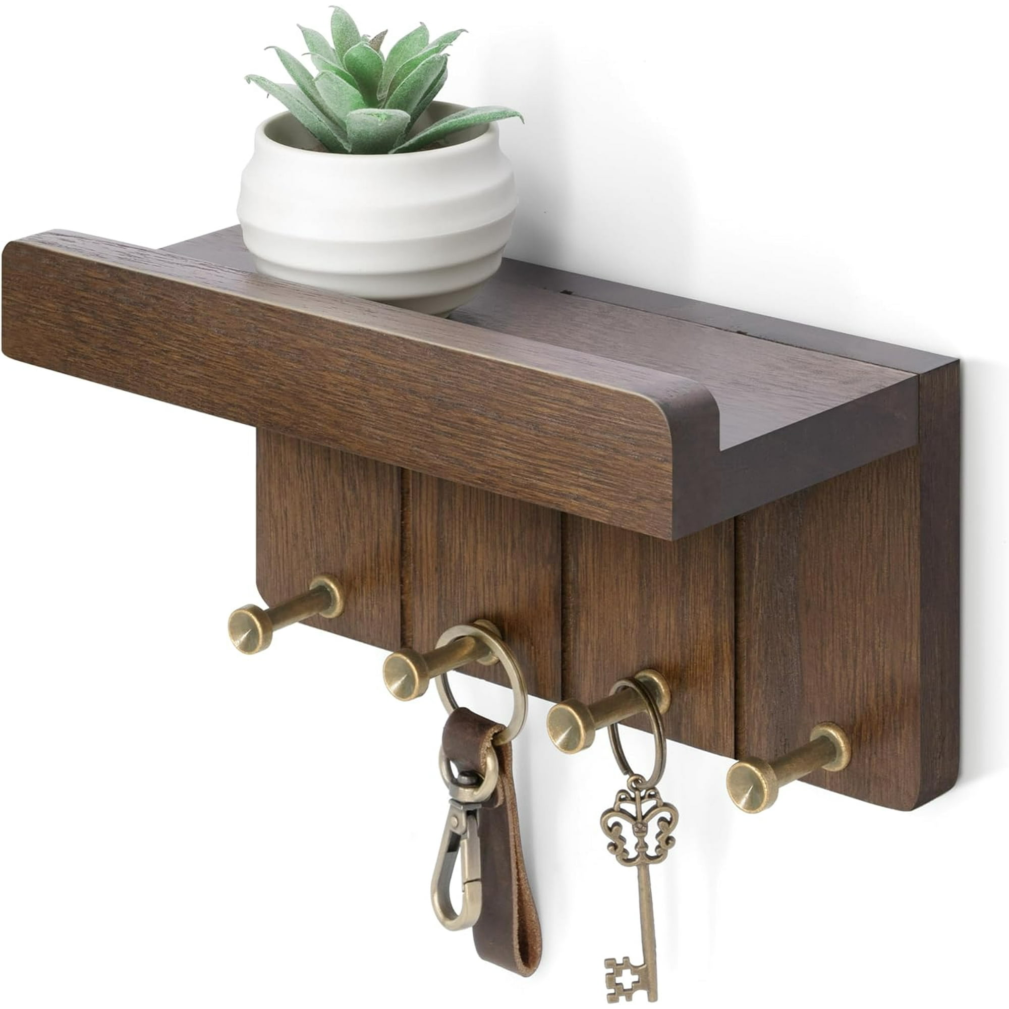 Farmhouse Key Holder Wall Mount - Small and Mail for with 4 Hooks Mini Floating Shelf Ideal Apartment Essentials Room Decor Aesthetic (Rustic Brown)