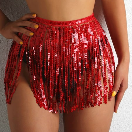 DondPO Swimsuit Coverup for Women Beach Cover Ups Women Short Sequin Fringe Cover Up Skirt Beach Wrap Bikini Shiny Wraps Cover Ups For Swimwear Womens Swimsuits Beach Dresses for Women Red M