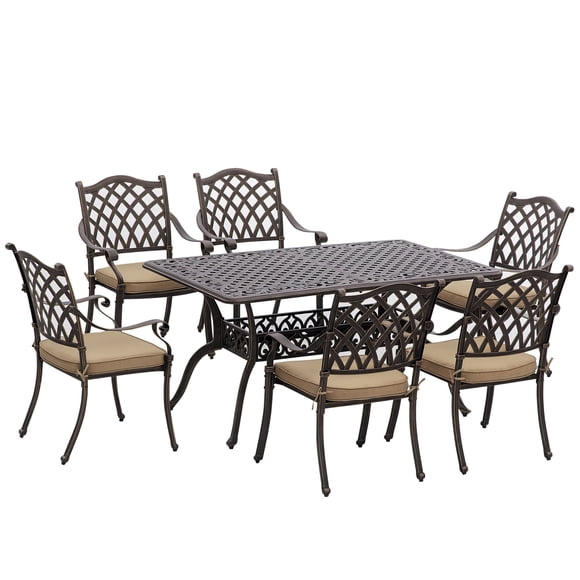 Outsunny Patio Dining Set Cast Aluminum 7 Pieces Outdoor Table Set, Khaki
