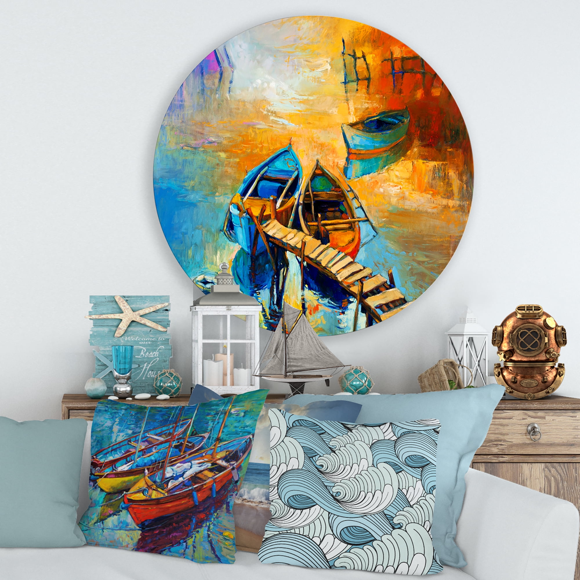 Designart 'Boat At The Lake During Evening Glow V' Nautical & Coastal Circle Metal Wall Art 36x36 - Disc of 36