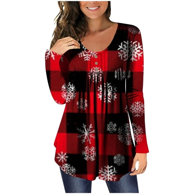 MesaSe Femme Col Rond Imprimé Tunique Tops Boutons Manches Longues Chemisier en Vrac