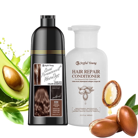 3-in-1 Natural Hair Dye Shampoo & Hair Repair Conditioner Bundle - Gray Coverage & Deep Moisture - Vegan, Sulfate-Free, Color-Safe - Argan Oil, Collagen - 2x400ml (NATURAL BLONDE)