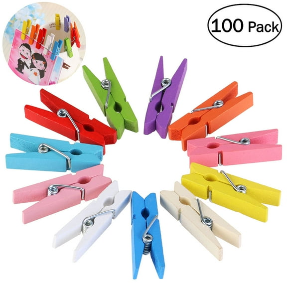 ORDDIART 100Pcs Hanging Clips Mini Wooden Photo Clips Assorted Color 1.4in Natural Wood Metal Sprin