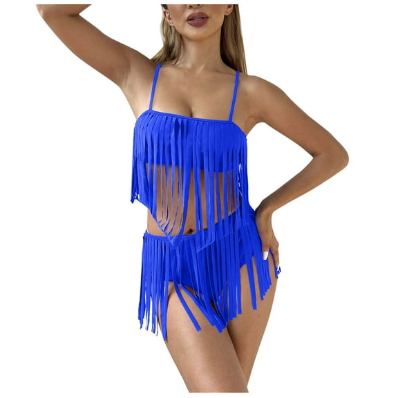Efsteb Trendy Bikini Sets for Women Fringe Bikini Sets for Women 2 Piece Tassel Swimsuit Summer Beach Bathing Suit Vacation Swimwear (Blue,XL)