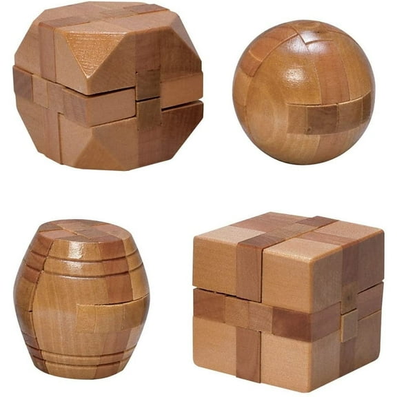 4-Pack Mini Wooden Brain Teasers – Classic 2″ Puzzle Set with Solutions