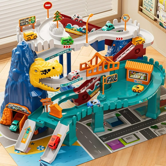 NIPLOOOW Dinosaur Race Track Playset for Boys Kids 3-5, Dinosaur Climbing Hills Car Track Play Set with 10 Mini Racer Cars, Kids Car Ramp Track Toys for 3 4 5 6 7 8 Year Old Boys Girls